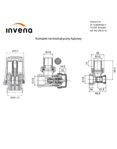 Zdjęcie: Komplet termostatyczny kątowy INVENA