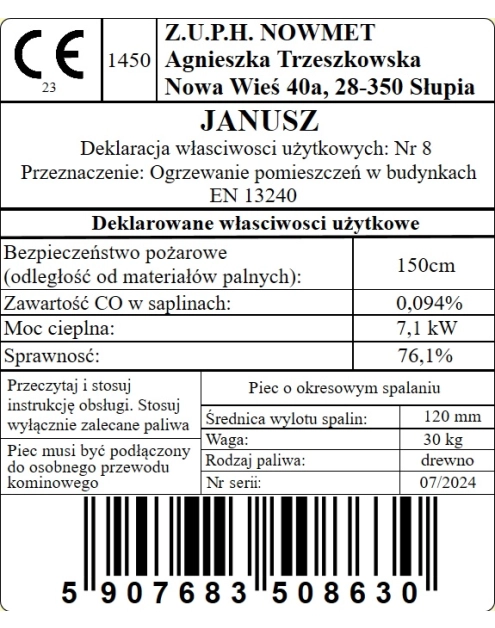 Zdjęcie: Piec szamotowy Janusz 7,1 kW NOWMET