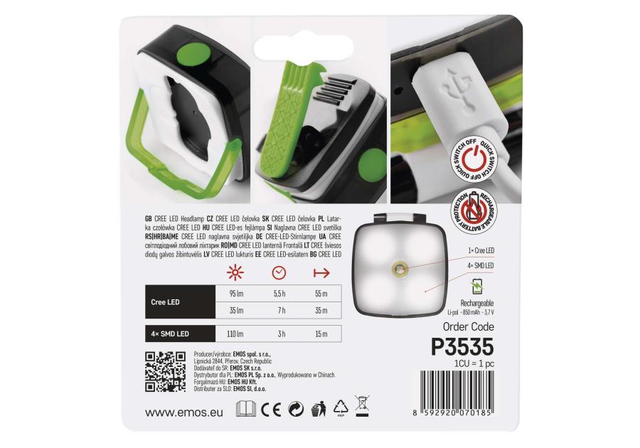 Zdjęcie: Latarka czołowa LED CREE 3W + SMD, 110 lm 850mAh ładowalna EMOS