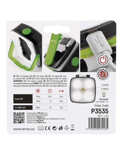 Zdjęcie: Latarka czołowa LED CREE 3W + SMD, 110 lm 850mAh ładowalna EMOS