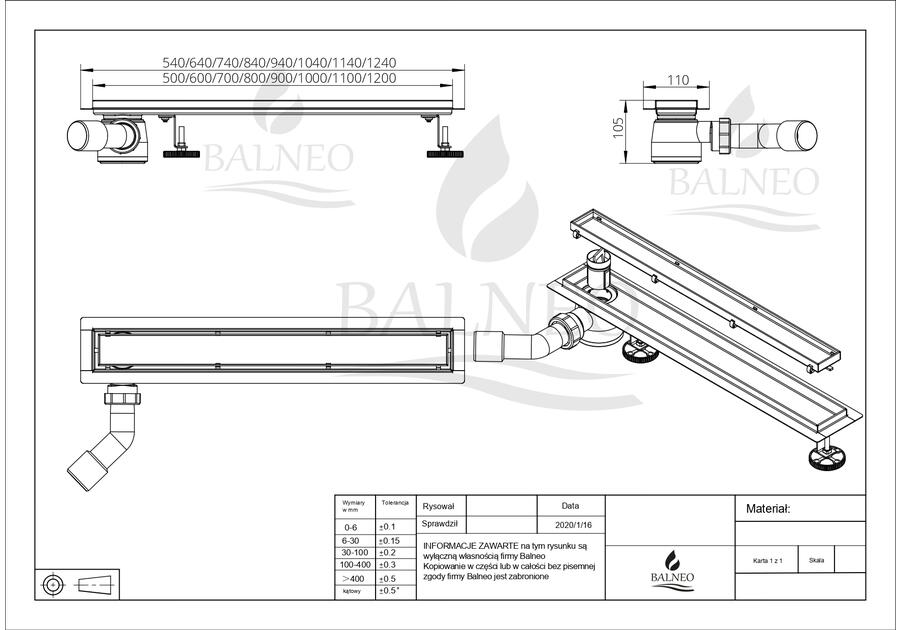 Zdjęcie: Odpływ liniowy z bocznym syfonem Side Drain (pod płytkę / Virgin) 100 cm BALNEO