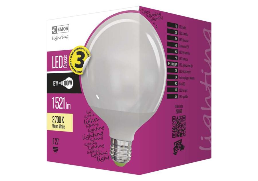 Zdjęcie: Żarówka LED Classic Globe, E27, 15,3 W (100 W), 1 521 lm, ciepła biel EMOS