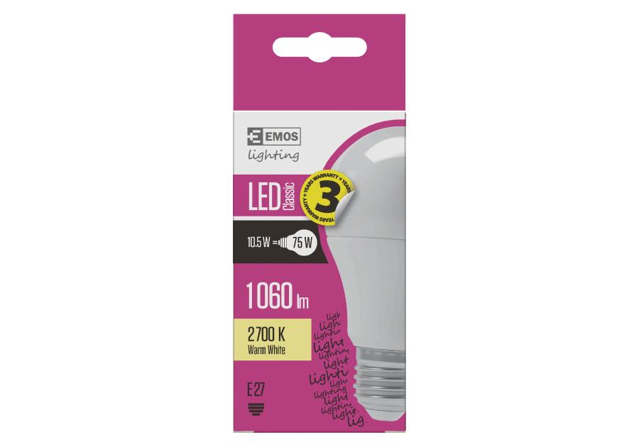 Zdjęcie: Żarówka LED Classic A60, E27, 10,7 W (75 W), 1 060 lm, ciepła biel EMOS