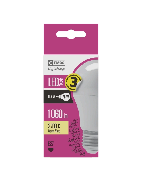 Zdjęcie: Żarówka LED Classic A60, E27, 10,7 W (75 W), 1 060 lm, ciepła biel EMOS