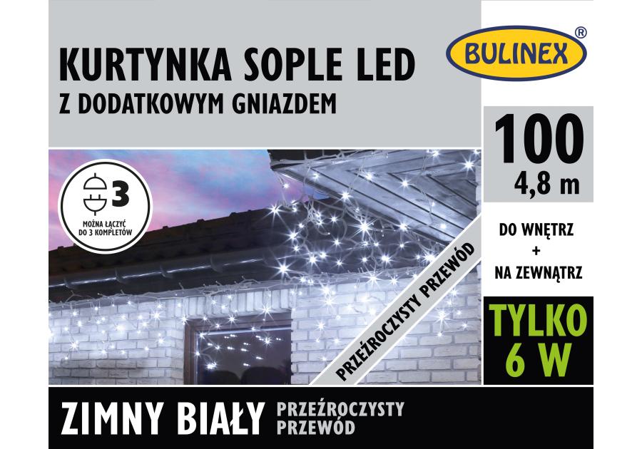 Zdjęcie: Kurtyna Sople 100 lampek - 5 m biały, przewód przezroczysty BULINEX