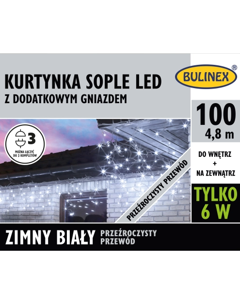 Zdjęcie: Kurtyna Sople 100 lampek - 5 m biały, przewód przezroczysty BULINEX