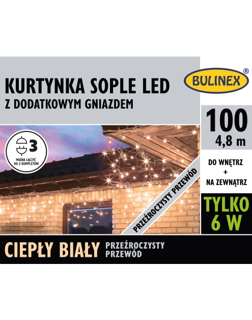 Zdjęcie: Kurtyna Sople 100 lampek - 5 m biały biały ciepły, przezroczysty przewód BULINEX