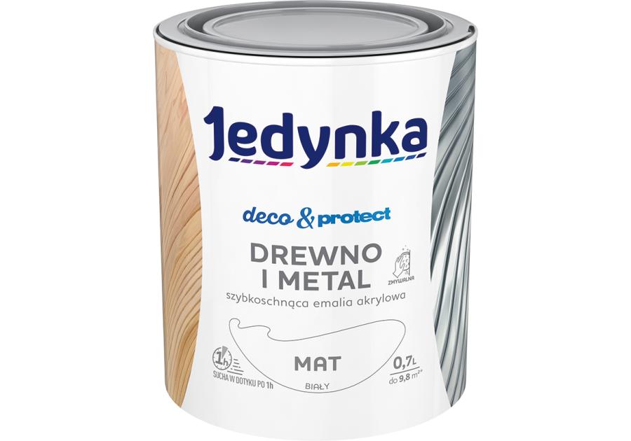 Zdjęcie: Emalia akrylowa Deco&Protect drewno i metal mat biały 0,7 L JEDYNKA