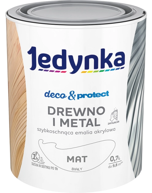 Zdjęcie: Emalia akrylowa Deco&Protect drewno i metal mat biały 0,7 L JEDYNKA