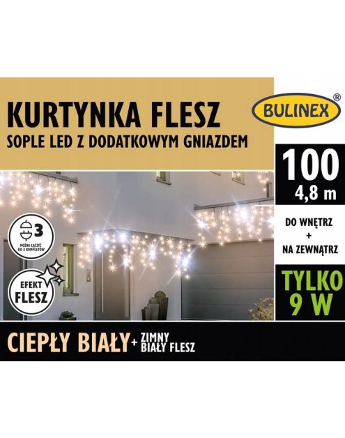 Zdjęcie: Kurtyna LED sople 100 szt. 5 m biały ciepły BULINEX