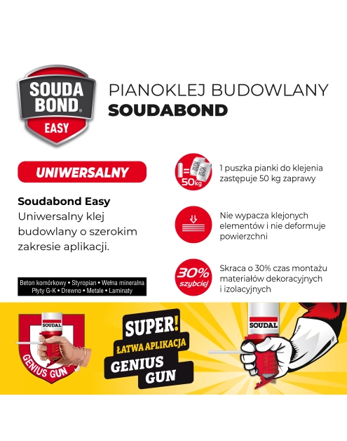 Zdjęcie: Klej budowlany Soudabond Easy z aplikatorem Genius Gun 750 ml SOUDAL