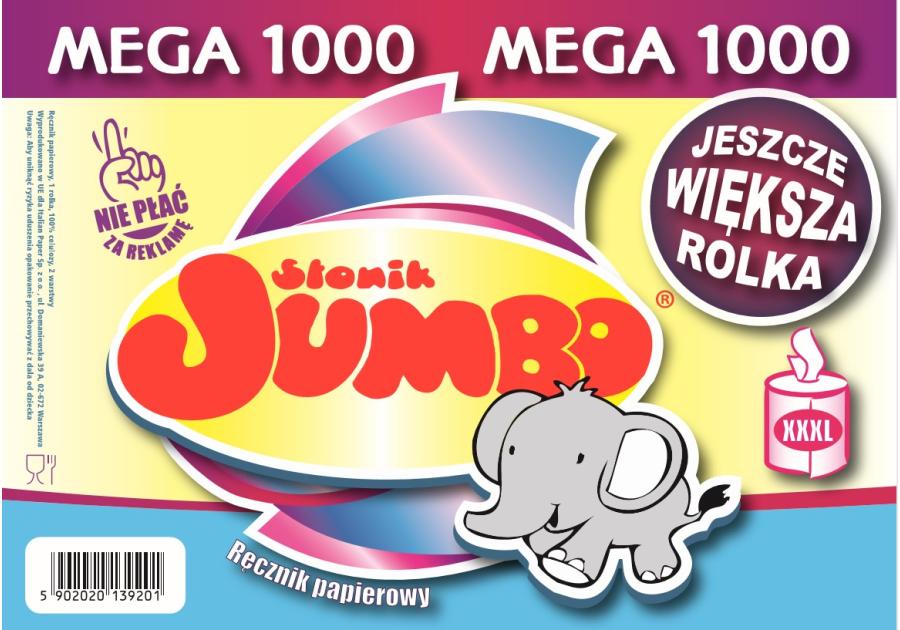 Zdjęcie: Ręcznik papierowy mega 1000 1 rolka 2-warstwowy SŁONIK JUMBO