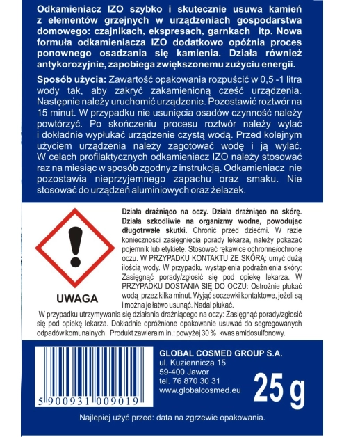 Zdjęcie: Odkamieniacz do urządzeń AGD 0,03 kg saszetka IZO