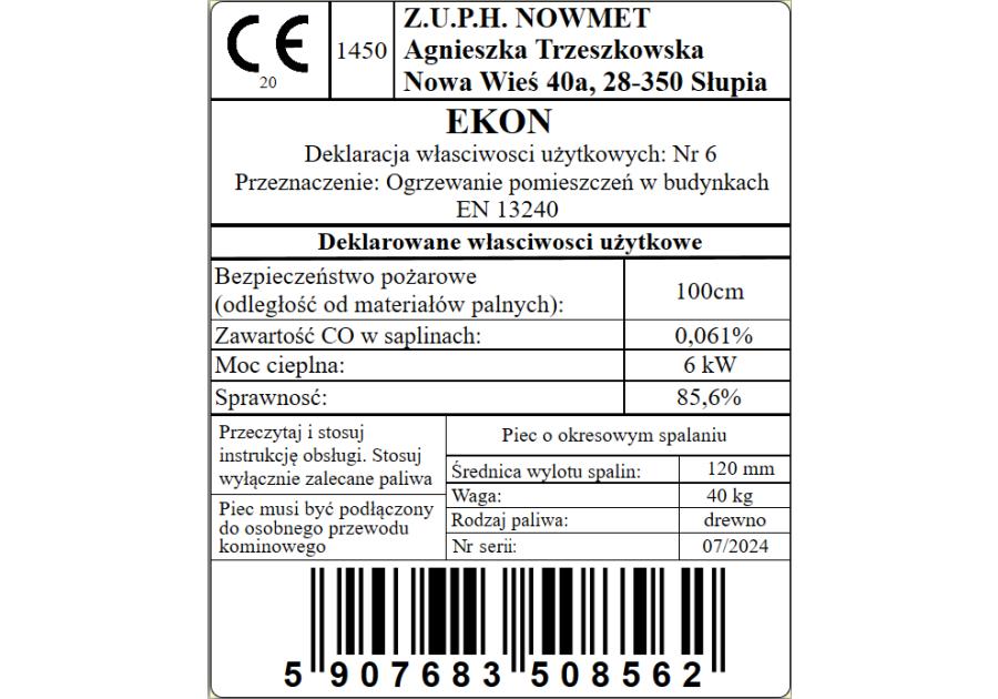 Zdjęcie: Piec szamotowy Ekon 6 kW NOWMET