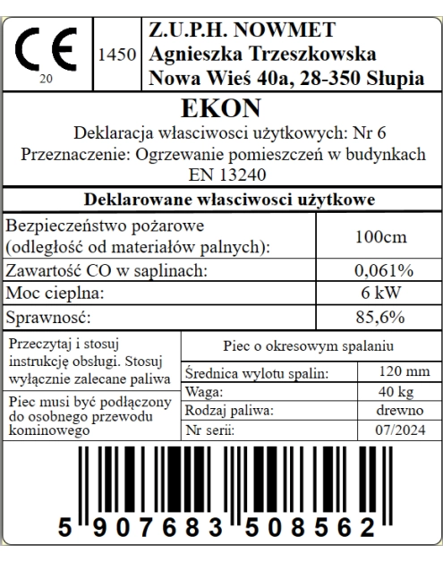 Zdjęcie: Piec szamotowy Ekon 6 kW NOWMET