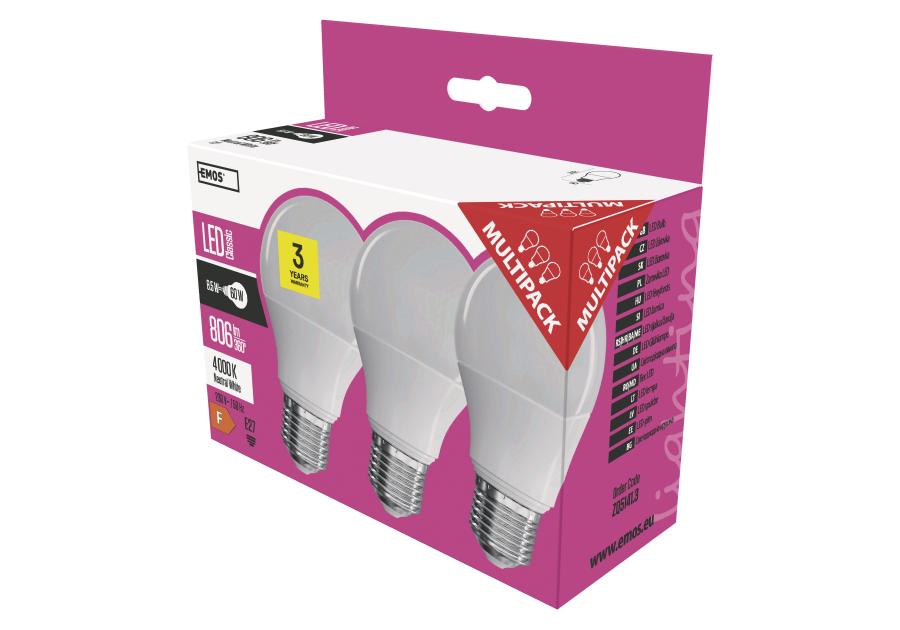 Zdjęcie: Żarówka LED Classic A60, E27, 8,5 W (60 W), 806 lm, neutralna biel 3PK EMOS