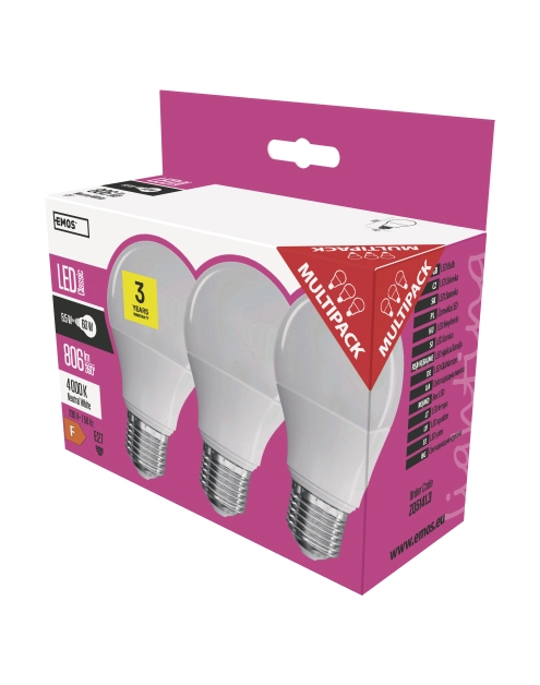 Zdjęcie: Żarówka LED Classic A60, E27, 8,5 W (60 W), 806 lm, neutralna biel 3PK EMOS