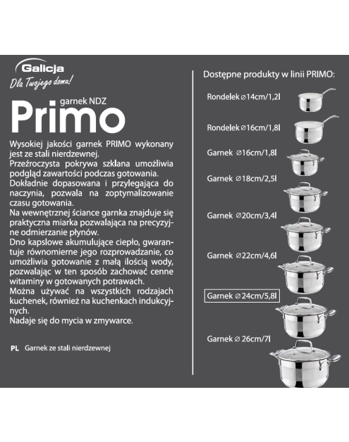 Zdjęcie: Garnek Primo nierdzewny 4,6 L indukcja GALICJA