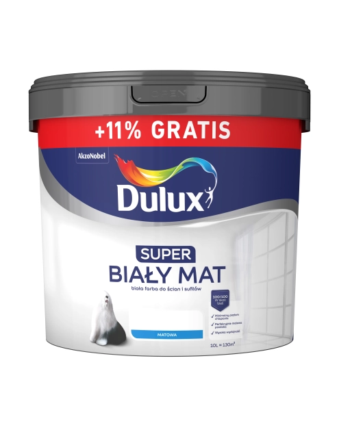 Zdjęcie: Farba do ścian i sufitów Super biały mat 9 L + 11 % gratis DULUX