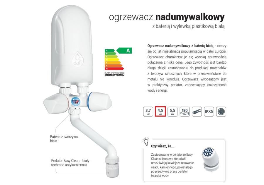 Zdjęcie: Ogrzewacz wody 4,5 kW z baterią białą 230 V DAFI