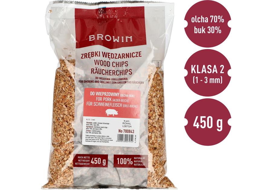 Zdjęcie: Zrębki do wędzenia/grillowania 70% olcha + 30% buk, 450 g BROWIN