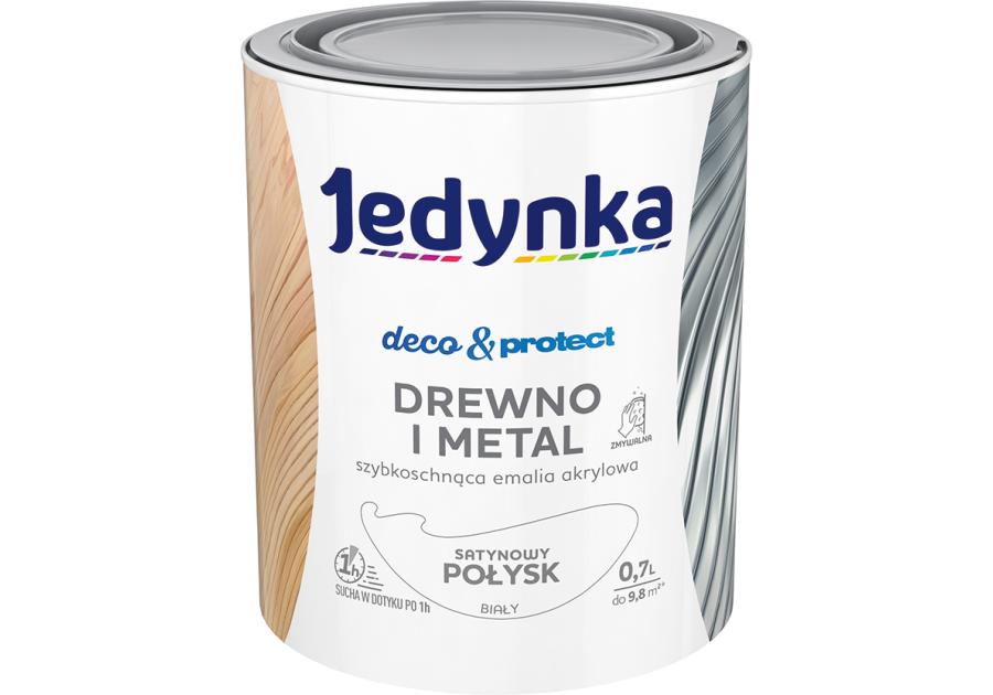 Zdjęcie: Emalia akrylowa Deco&Protect drewno i metal satynowy połysk biały 0,7 L JEDYNKA