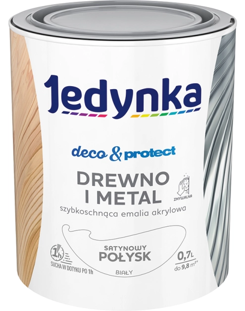 Zdjęcie: Emalia akrylowa Deco&Protect drewno i metal satynowy połysk biały 0,7 L JEDYNKA